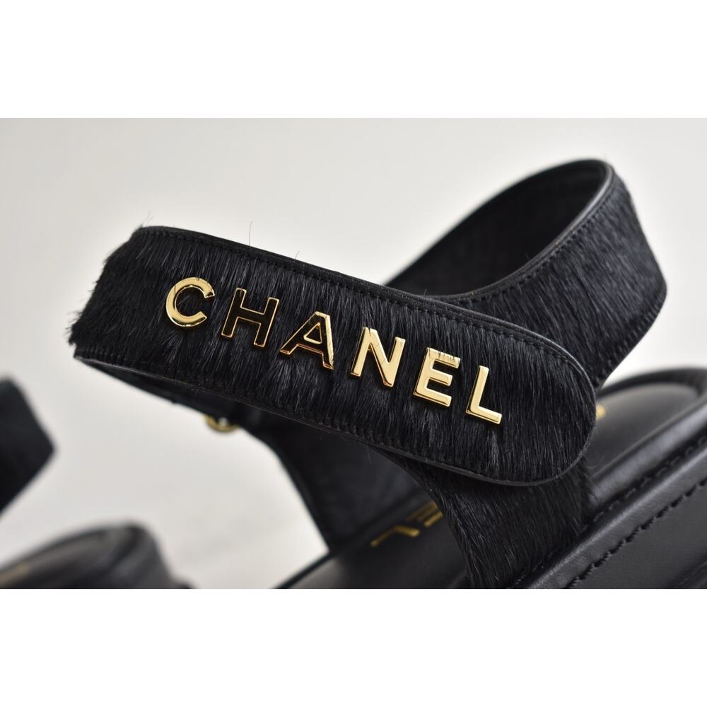 Chanel 24B Black Calf Hair Gold CC Logo Mule Slide Strap Flat Teva Dad Sandal 41 - Picture 15 of 16